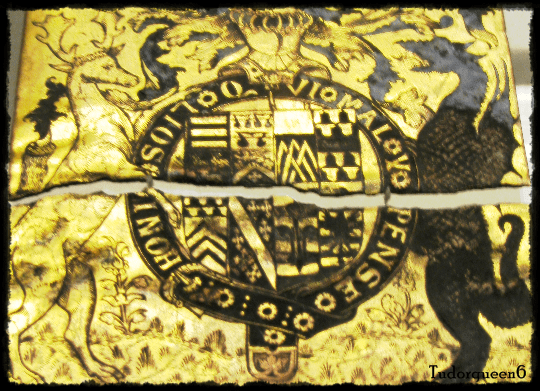 Garter stall plate of William Parr, 1st Marquess of Northampton, 1552. The plate was in St. George's Chapel, Windsor Castle, among other Garter plates, but upon the ascension of Queen Mary, Parr was stripped of his titles. His stall plate was taken down and broken apart. 