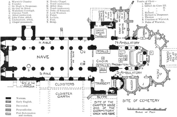 A map of Tewksbury Abbey.