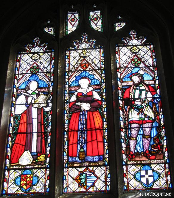 Stained glass at St. Mary's, Sudeley Castle (where Queen Catherine is buried). The window is shared with Lady Jane Grey and John Brydges, 1st Baron Chandos.