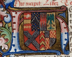 Detail of an illuminated initial 'H'(ere) with the arms of Anne Neville, wife of Richard III, at the beginning of book 3. 