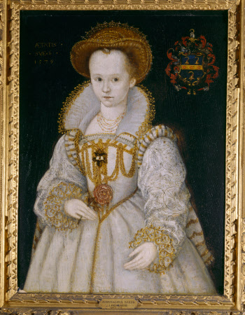 CHRYSOGNA BAKER, Lady Dacre, aged six (d.1616) who  married the 12th Lord Dacre (1589); a portrait (English 1579) by an unknown artist at The Vyne.