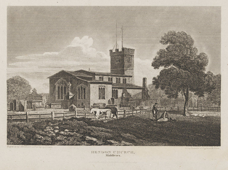 Hendon Church, Middlesex. London, England; June 1, 1815 (published). John Preston Neale, born 1766 - died 1847 (artist); Bonner, Thomas, born 1735 - died 1816 (engraver) Engraving. Given by Dr. G. B. Gardner. V&A Online Collections.