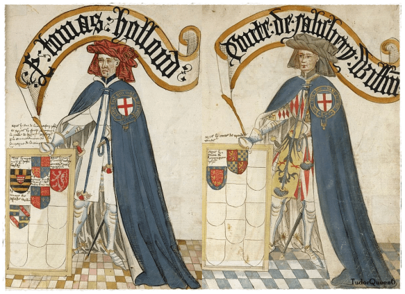 Left, Thomas Holland, Earl of Kent and right William, Earl of Salisbury; from the Bruges Garter Book, 1430/1440, BL Stowe 594