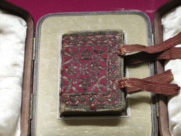 First published in 1545, "Prayers or Meditations" by Queen Katherine Parr became so popular that 19 new editions were published by 1595 (reign of Elizabeth I). This edition was published in 1546 and bound by a cover made by the Nuns of Little Gedding. Located at Sudeley Castle, Winchcombe. 