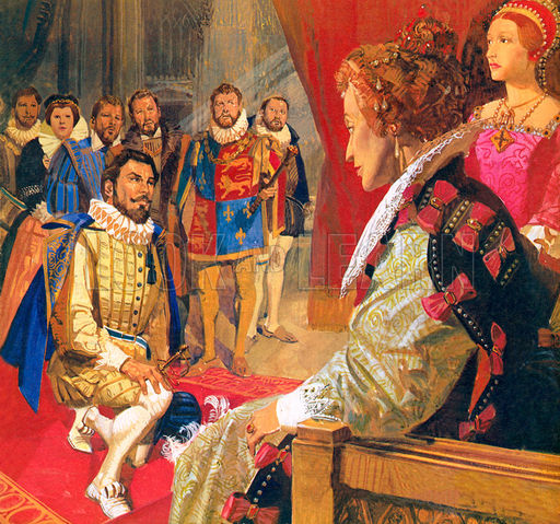 Sir Walter Raleigh before Queen Elizabeth