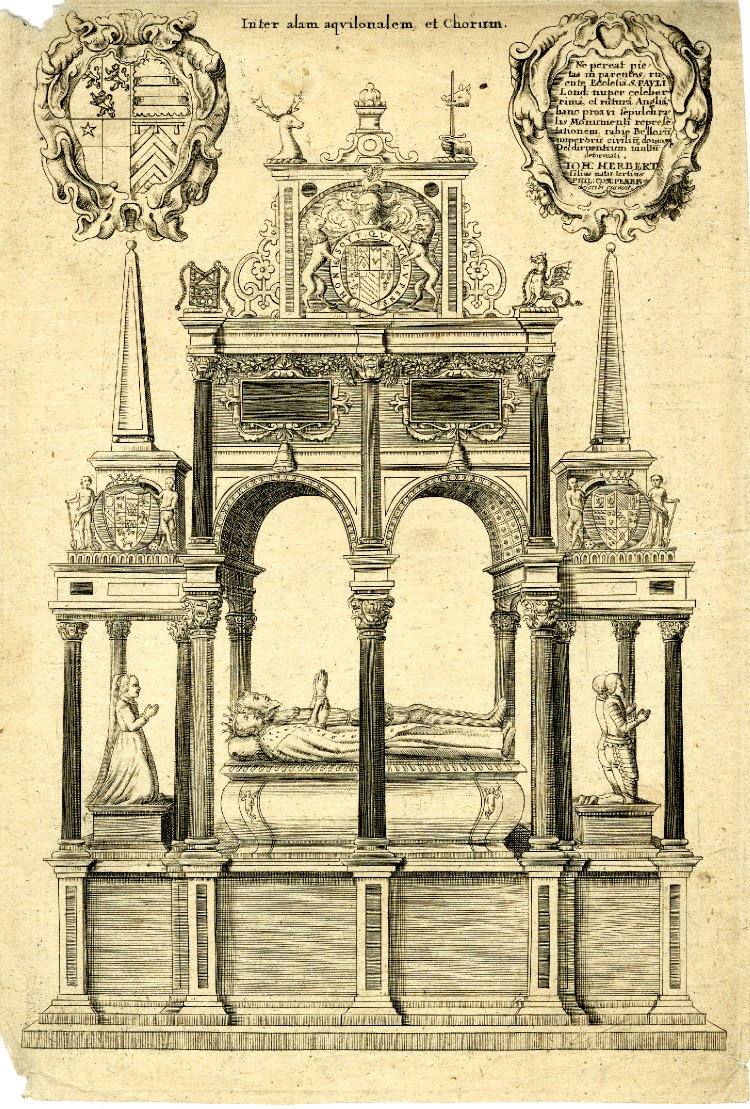 Tomb of William, Earl of Pembroke, in St Paul's; the tomb on a tall base on which lie a man and wife, in ermine robes, heads to left; eleven columns support a double arch above and obelisk topped extensions at the sides; two cartouches at top, to the left with coat of arms and to the right with dedication by 'Ioh Herbert'; illustration to William Dugdale's 'History of St Paul's' (London, 1658 and 1716)