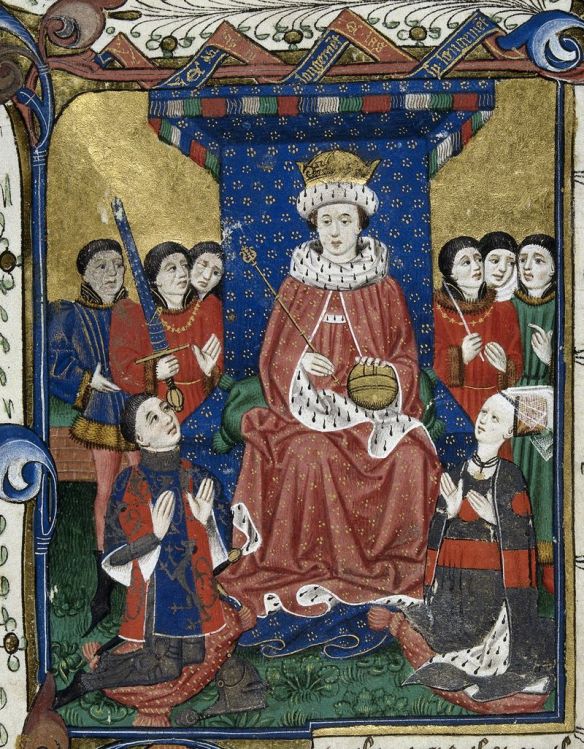 Detail of a miniature of a king enthroned surrounded by courtiers with Sir William Herbert and his wife, Anne Devereux kneeling before him, wearing clothes decorated with their coats of arms, from John Lydgate's Troy Book and Siege of Thebes, with verses by William Cornish, John Skelton, William Peeris and others, England, c. 1457 (with later additions), Royal 18 D. ii, f. 6.